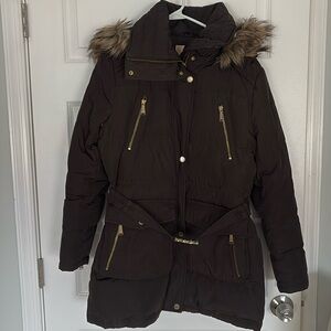 Michael Kors Faux Fur Trim Quilted Belted Puffer Jacket